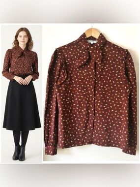 1970s Jack Winter Brown Leaf Print Bow Collar Long Puff Sleeve Blouse Size 10